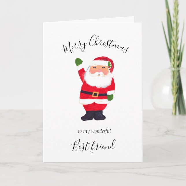 Watercolor Christmas Santa Merry Best Friend Holiday Card (Front)