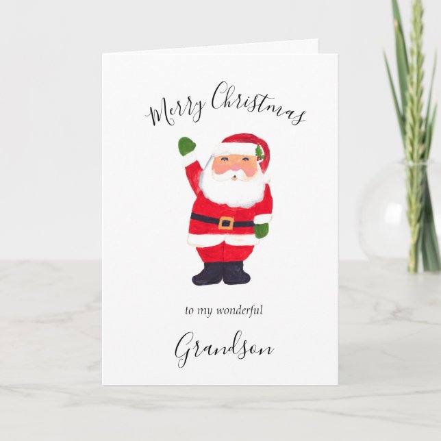 Watercolor Christmas Santa Merry Grandson Holiday Card (Front)