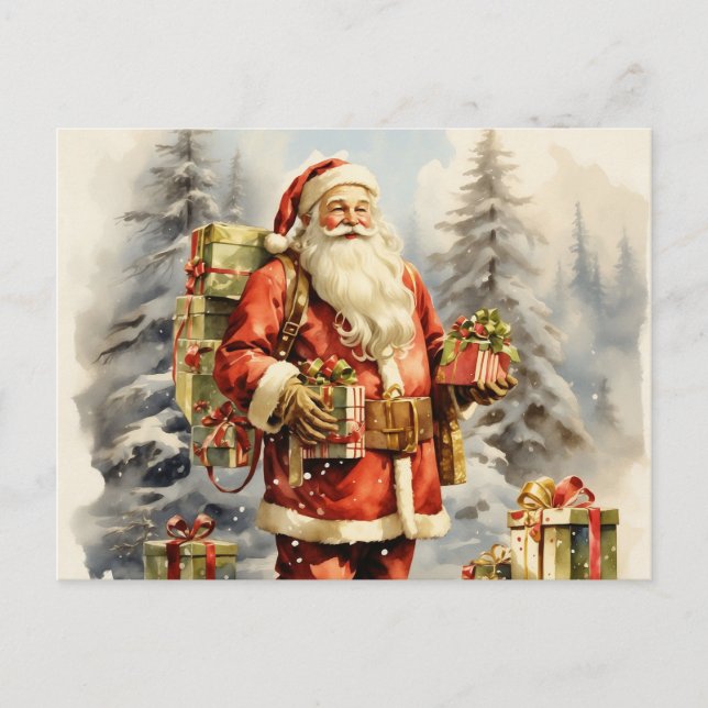 Watercolor Christmas Santa with Presents Holiday Postcard (Front)