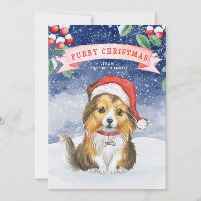 Watercolor Christmas Sheltie  Furry Christmas Card (Front)