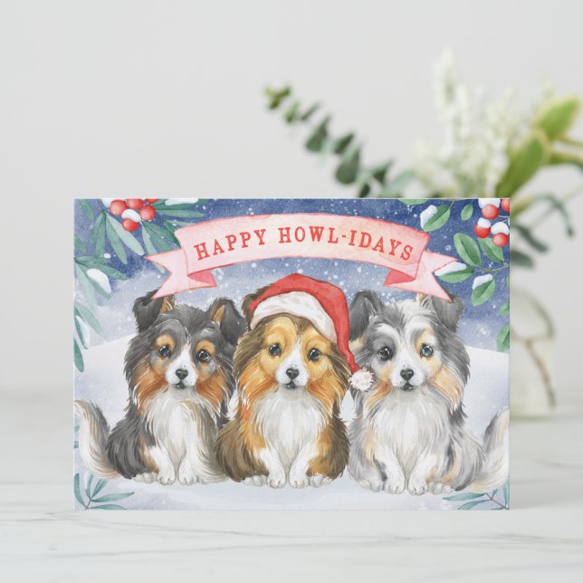 Watercolor Christmas Sheltie  Happy Howlidays Card (Standing Front)