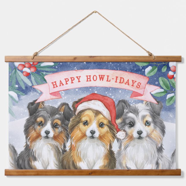 Watercolor Christmas Sheltie  Happy Howlidays Hanging Tapestry (Front)