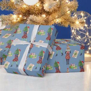 Watercolor Christmas Shopping Fashion Girl Wrapping Paper