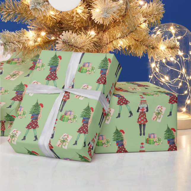Watercolor Christmas Shopping Fashion Girl Wrapping Paper (Holidays)