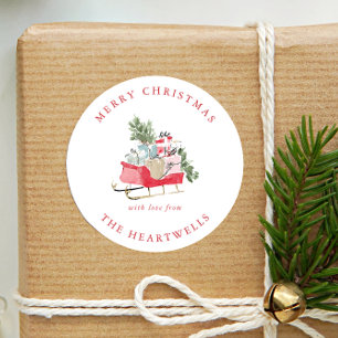 Watercolor Christmas Sled Red Green Pink Holiday Classic Round Sticker