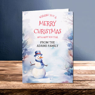 Watercolor Christmas Snowman In Winter Card