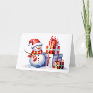 Watercolor Christmas Snowman With Gifts Holiday Card