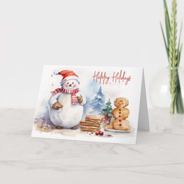 Watercolor Christmas Snowman With Gingerbread Man Holiday Card (Front)