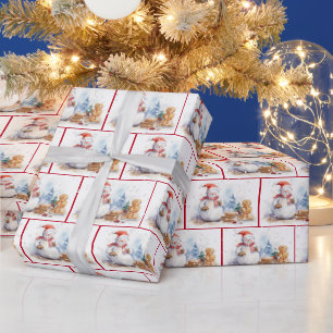Watercolor Christmas Snowmen In Snowflakes Wrapping Paper