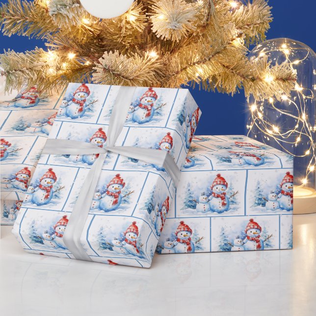 Watercolor Christmas Snowmen In Snowflakes Wrapping Paper (Holidays)