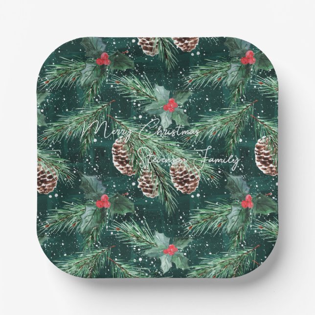 Watercolor Christmas spruce with cones Paper Plate (Front)