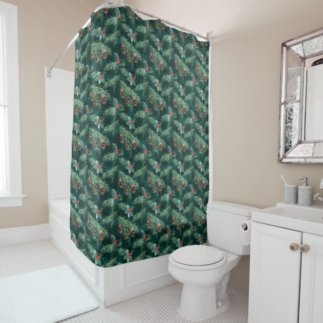 Watercolor Christmas spruce with cones Shower Curtain (In Situ)