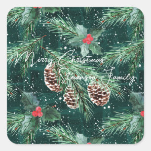 Watercolor Christmas spruce with cones Square Sticker