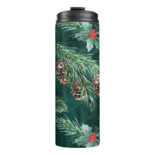 Watercolor Christmas spruce with cones Thermal Tumbler