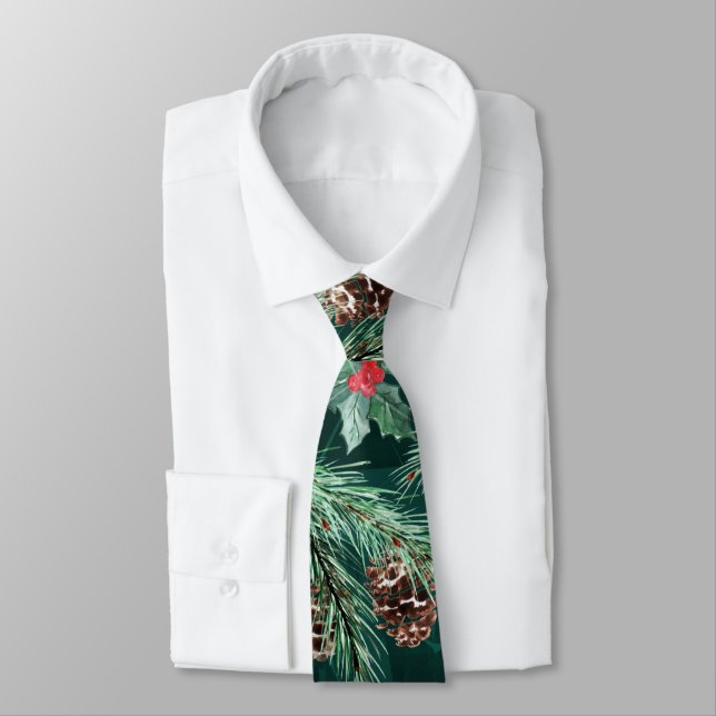 Watercolor Christmas spruce with cones Tie (Tied)