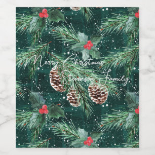 Watercolor Christmas spruce with cones Wine Label