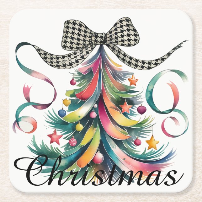 Watercolor Christmas Square Paper Coaster (Front)