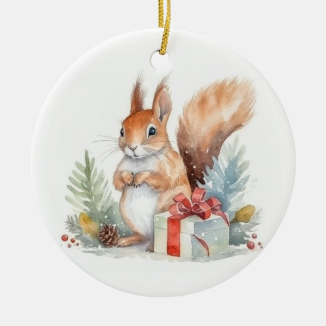 watercolor Christmas Squirrel Ceramic Tree Decoration (Front)