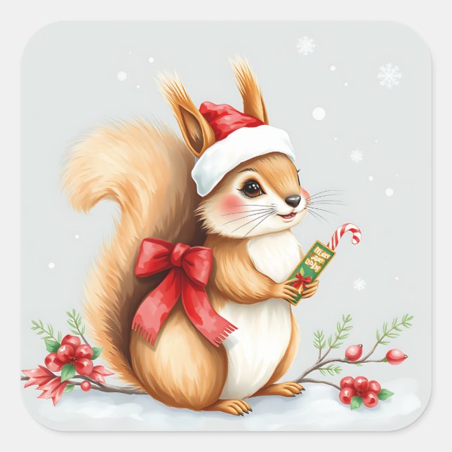  Watercolor Christmas Squirrel with Candy Cane Square Sticker (Front)