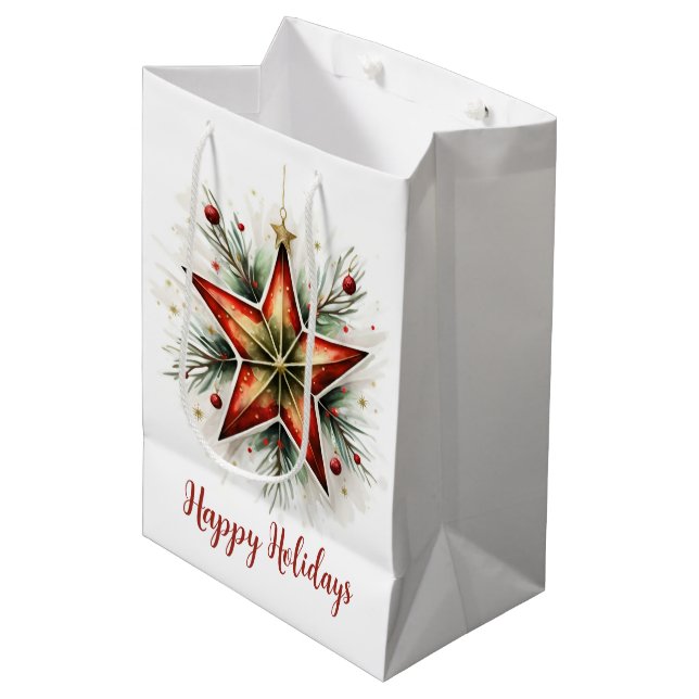 Watercolor Christmas Star Medium Gift Bag (Front Angled)