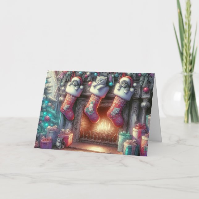 Watercolor Christmas Stocking With Kittens Holiday Card (Front)