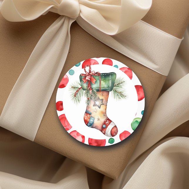  Watercolor Christmas Stocking with Polka Dots Classic Round Sticker (Creator Uploaded)