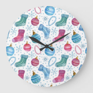Watercolor Christmas Stockings Hand-Drawn Pattern Large Clock