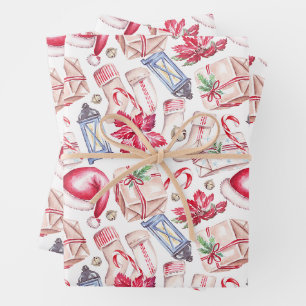 Watercolor Christmas Stockings, Poinsettia Wrapping Paper Sheet