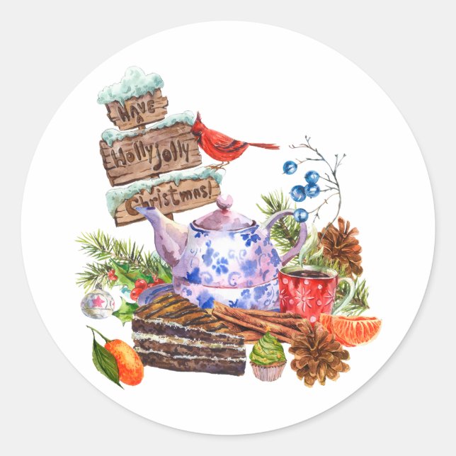 Watercolor Christmas Tea and Cake Time   Classic Round Sticker (Front)