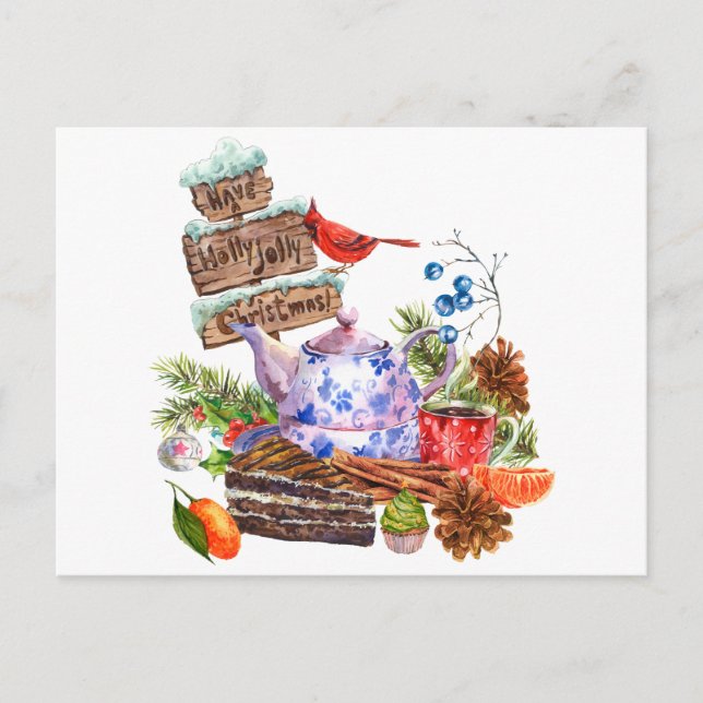 Watercolor Christmas Tea and Cake Time  Postcard (Front)