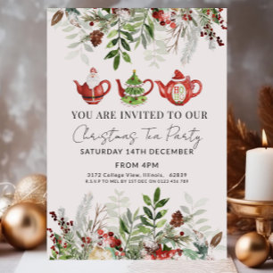 Watercolor Christmas Tea Party Invitation Rustic 