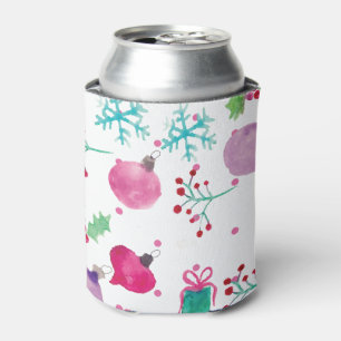 Watercolor Christmas Themed Hand Painted Pattern Can Cooler