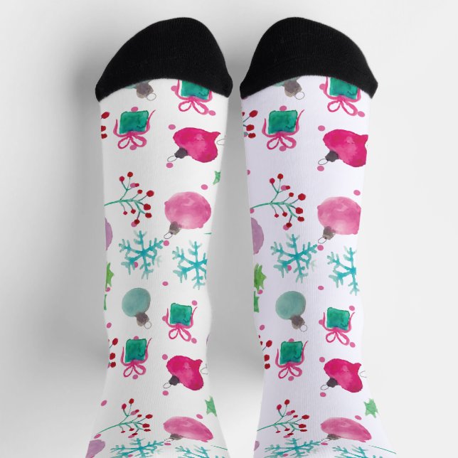 Watercolor Christmas Themed Hand Painted Pattern Socks (Top)