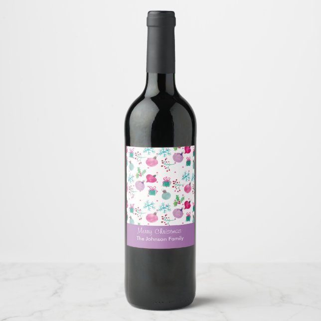 Watercolor Christmas Themed Hand Painted Pattern Wine Label (Front)