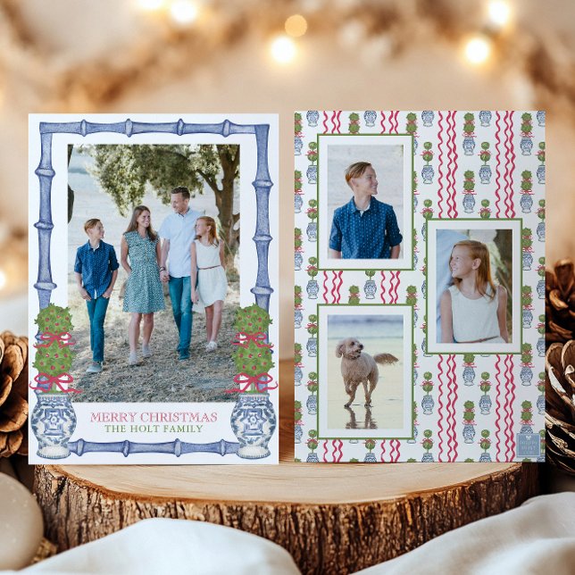 Watercolor Christmas Topiary Bamboo Photo Holiday Card (Creator Uploaded)