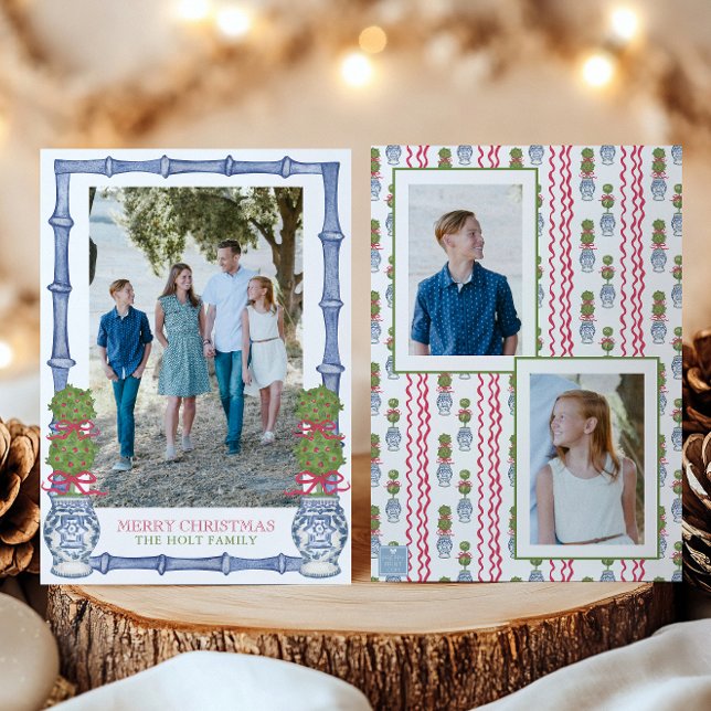 Watercolor Christmas Topiary Bamboo Photo Holiday Card (Creator Uploaded)
