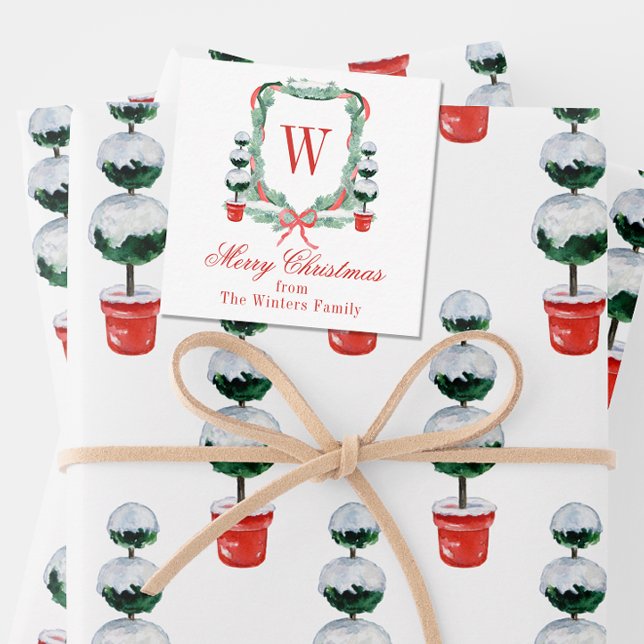 Watercolor Christmas Topiary Monogram Crest Card (Creator Uploaded)