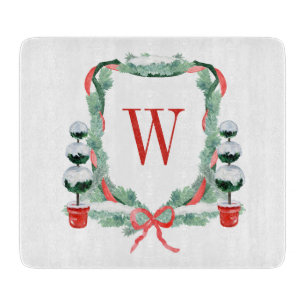 Watercolor Christmas Topiary Monogram Crest Cutting Board