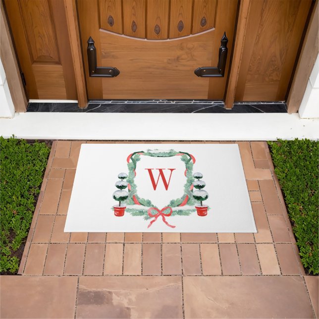 Watercolor Christmas Topiary Monogram Crest Doormat (Outdoor)