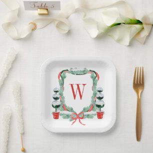 Watercolor Christmas Topiary Monogram Crest Paper Plate