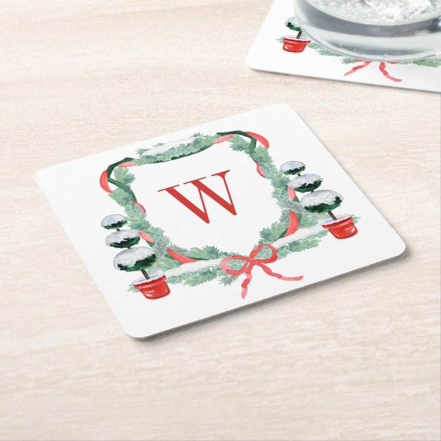 Watercolor Christmas Topiary Monogram Crest Square Paper Coaster (Angled)