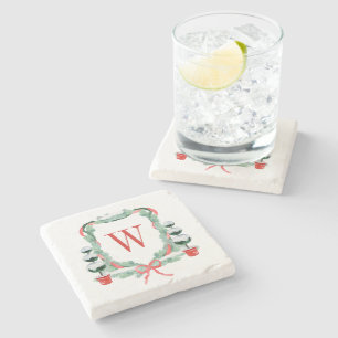 Watercolor Christmas Topiary Monogram Crest Stone Coaster