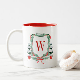 Watercolor Christmas Topiary Monogram Crest Two-Tone Coffee Mug