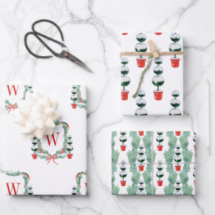 Watercolor Christmas Topiary Monogram Crest Wrapping Paper Sheet