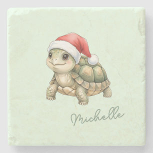 Watercolor Christmas Tortoise Santa Hat Stone Coaster