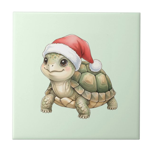 Watercolor Christmas Tortoise Santa Hat Tile (Front)