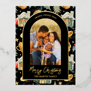 Watercolor Christmas Town Photo Black Foil Holiday Postcard