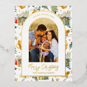 Watercolor Christmas Town Photo Foil Holiday Postcard