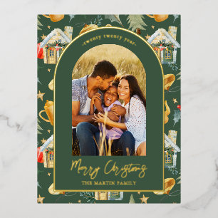 Watercolor Christmas Town Photo Green Foil Holiday Postcard