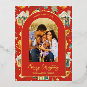 Watercolor Christmas Town Photo Red Foil Holiday Postcard